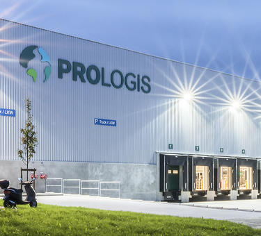 Exterior view of distribution center at dusk in Krefeld, Germany Exterior view of distribution center at dusk in Krefeld, Germany